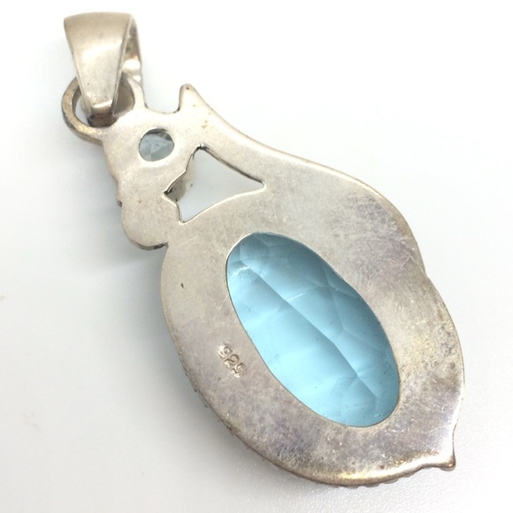 VINTAGE STERLING SILVER 925 LARGE BLUE FACETED GLASS PENDANT ABSTRACT BOHO - Picture 13 of 14
